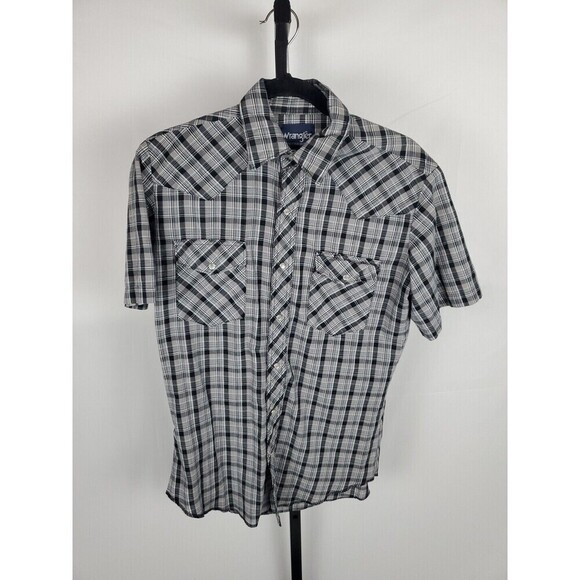 Wrangler Shirt Mens Medium Gray Black Plaid Pearl Snaps Pockets Western Cowboy - Picture 1 of 6